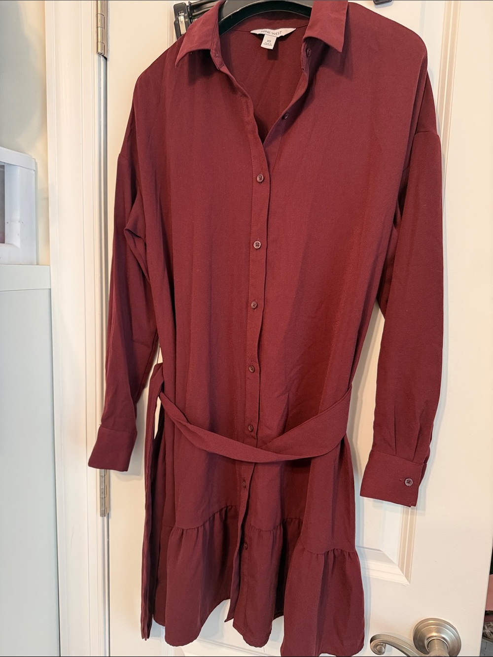 Nine West Burgundy Long Sleeve Shirt Dress with Tie Waist